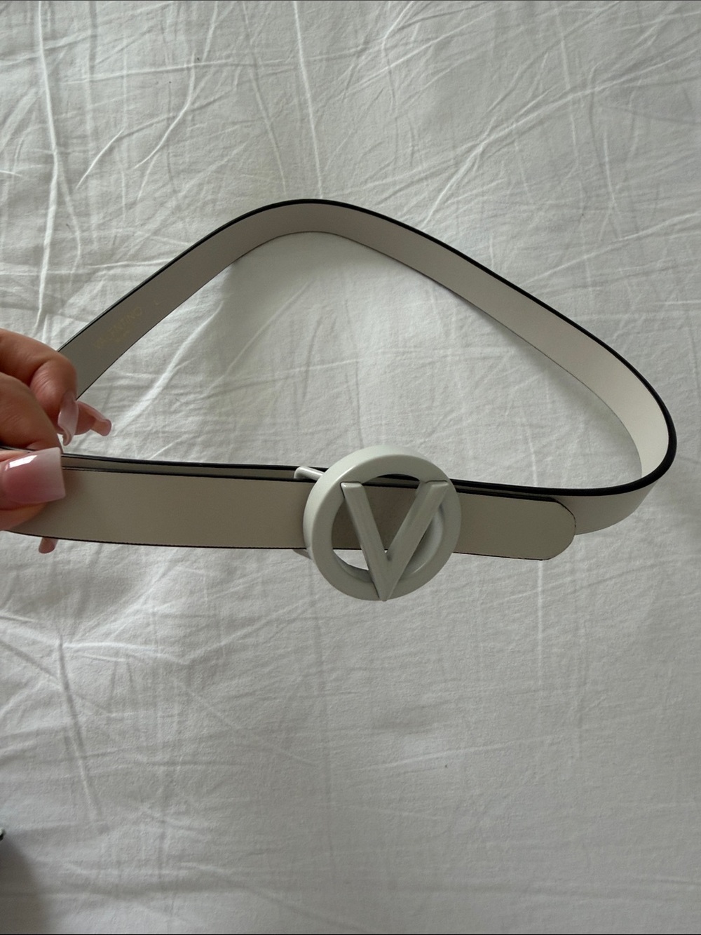 Mario Valentino Ivory Leather Belt with Round V Buckle